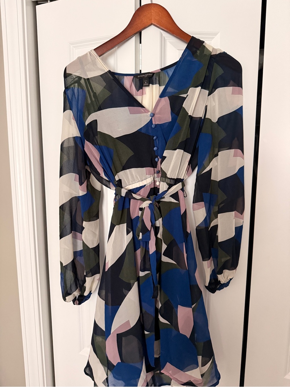 Banana Republic Blue Pink Olive Abstract Print Long-Sleeve Dress